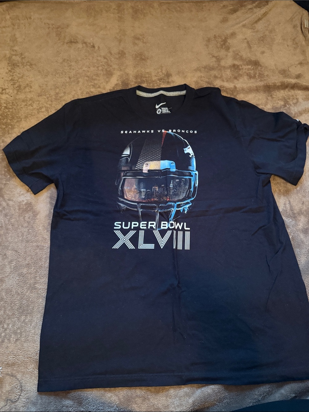 Nike Navy Super Bowl XLVIII Graphic Tee with Helmet Print